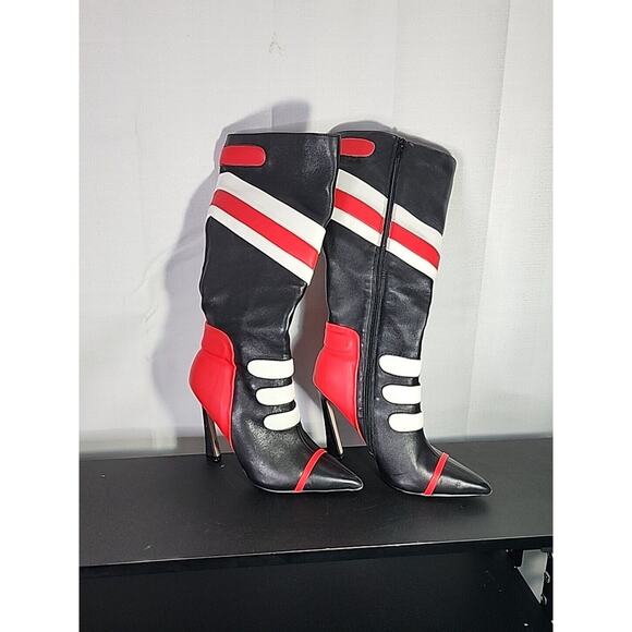 Steve Madden Shoes - Steve Madden Black Red White Retro Stripe Heeled Knee Boots